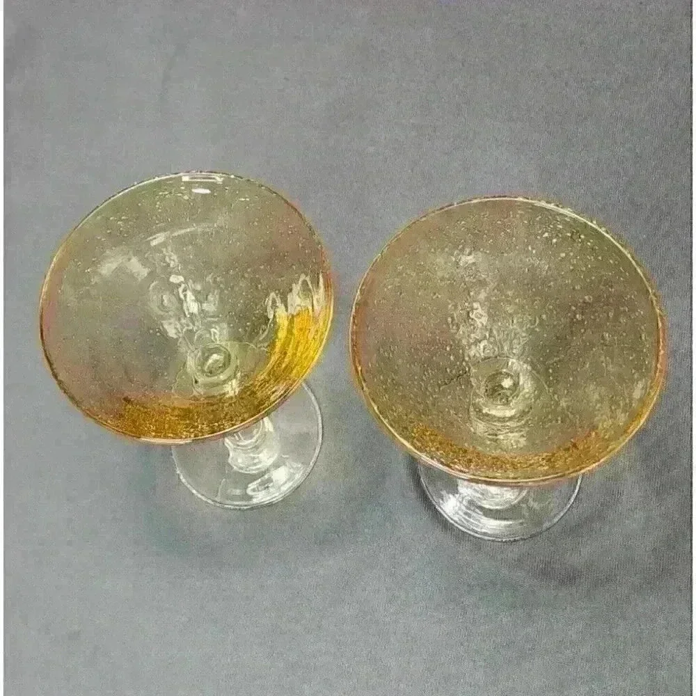 Vintage Hand Blown Bubble Art Glass Amber Martini Cosmopolitan Glasses Set of 2